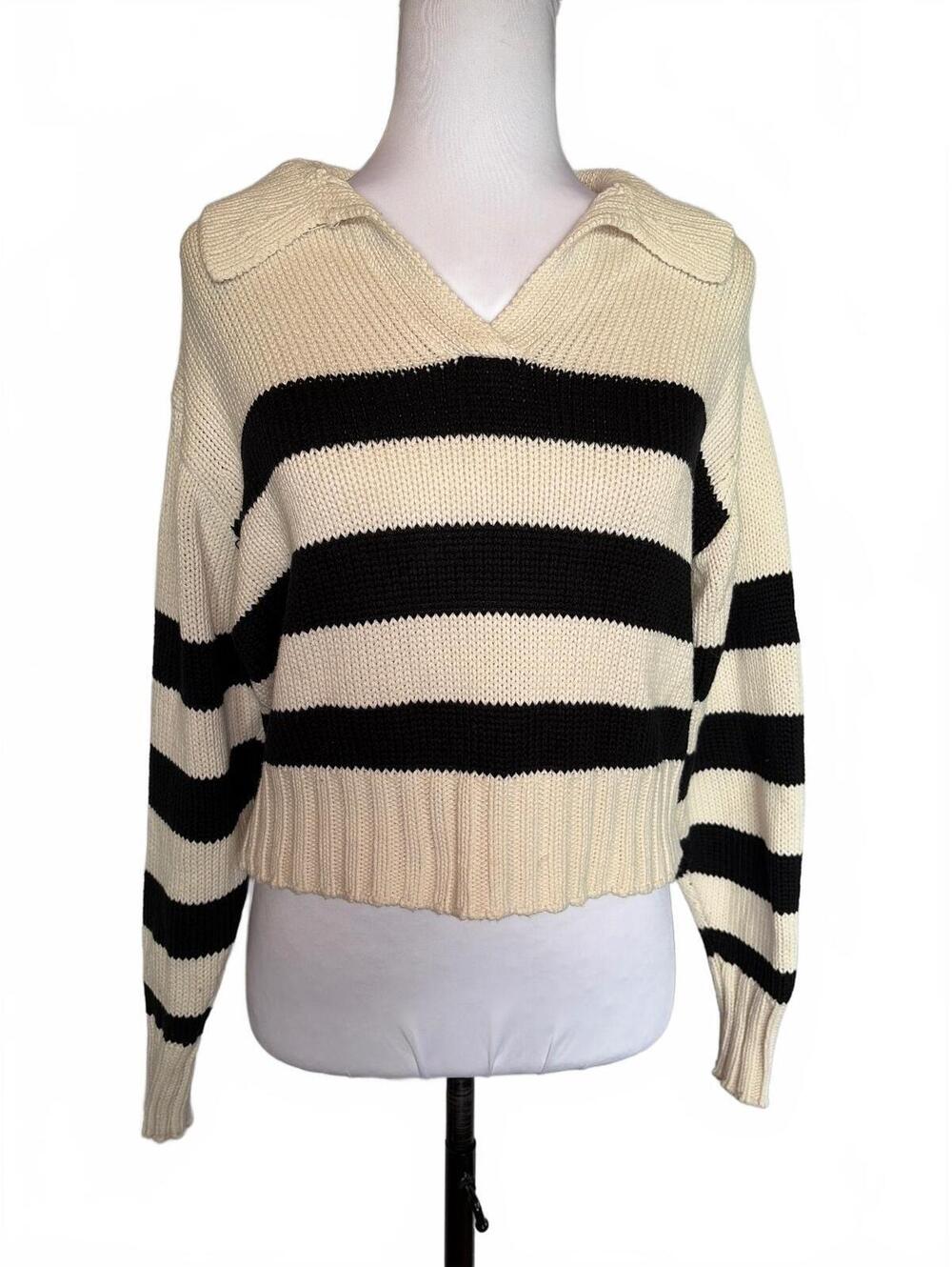 Quince Organic Cotton Boxy Polo Sweater XS Cream Black Stripe Preppy Minimalist